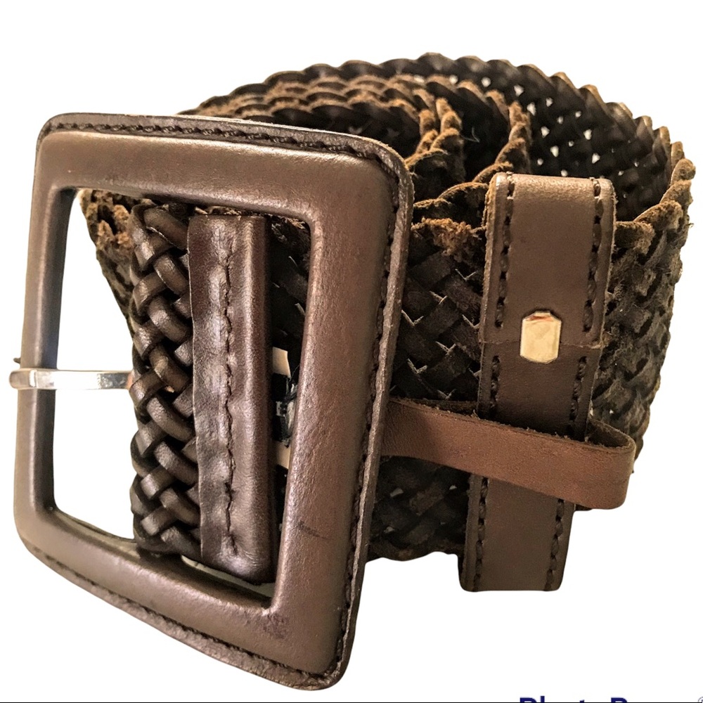 Wide Woven Belt Brown Square 3.5” Buckle Statement Adjustable 39” Length